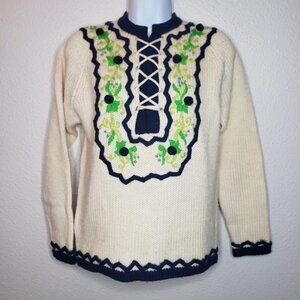 Vtg Tami Sz S Knit Wool Kitschy Embroidered Floral Lace-up Sweater (524)